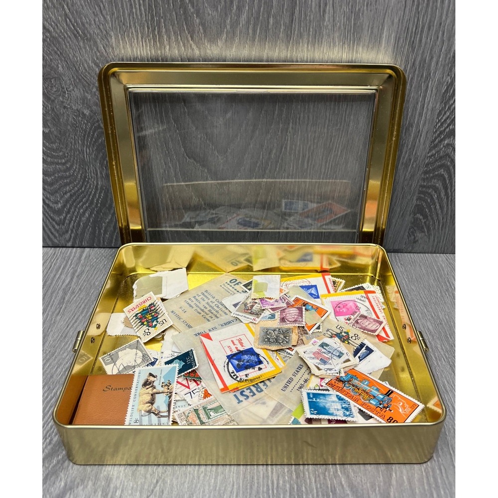 Vintage Mixed Postage Stamp Collection Lot in Gold Window Tin US International